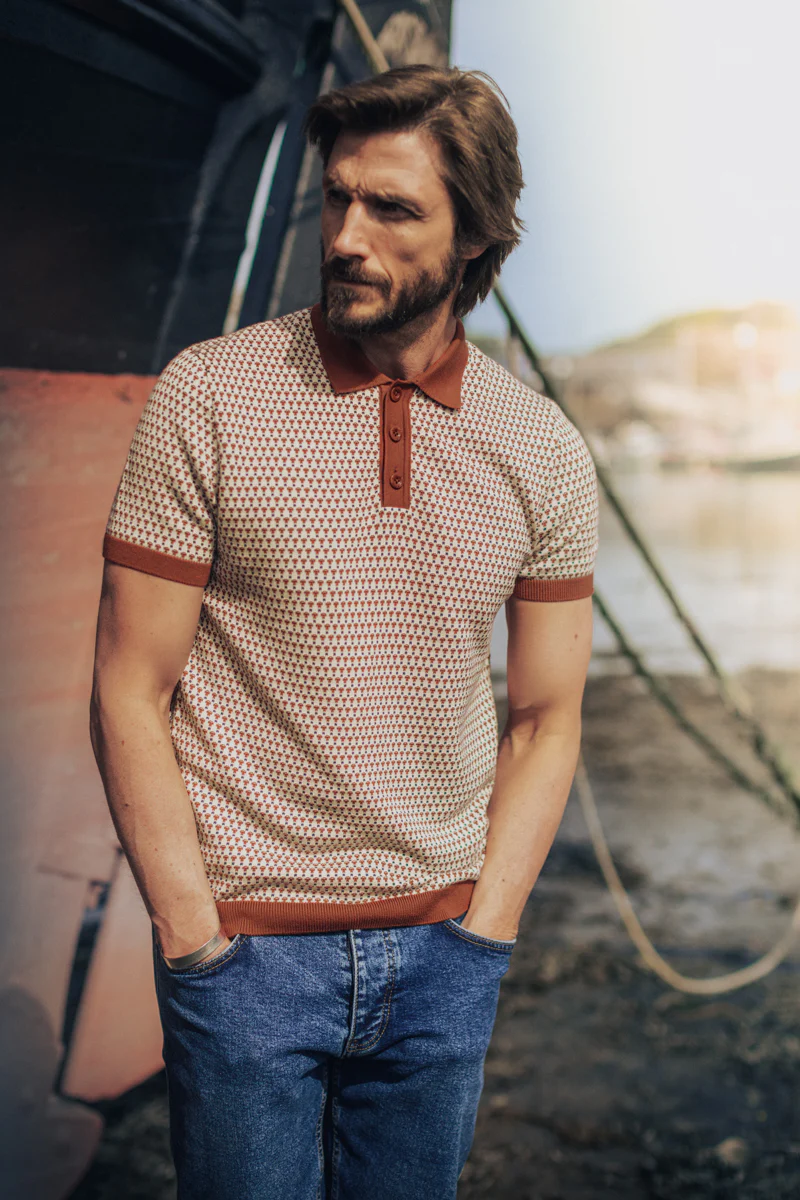 Belmont Knitted Polo Off White / Auburn - Image 5
