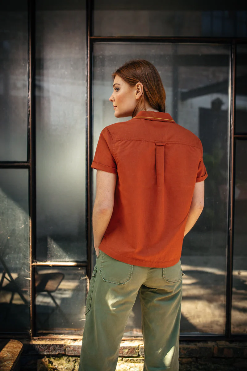 Damsons Double Bowling Shirt Burnt Orange - Image 4