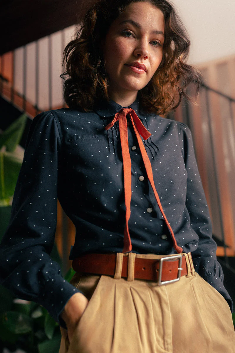 Damsons Western Shirt Navy Polka Dot - Image 10