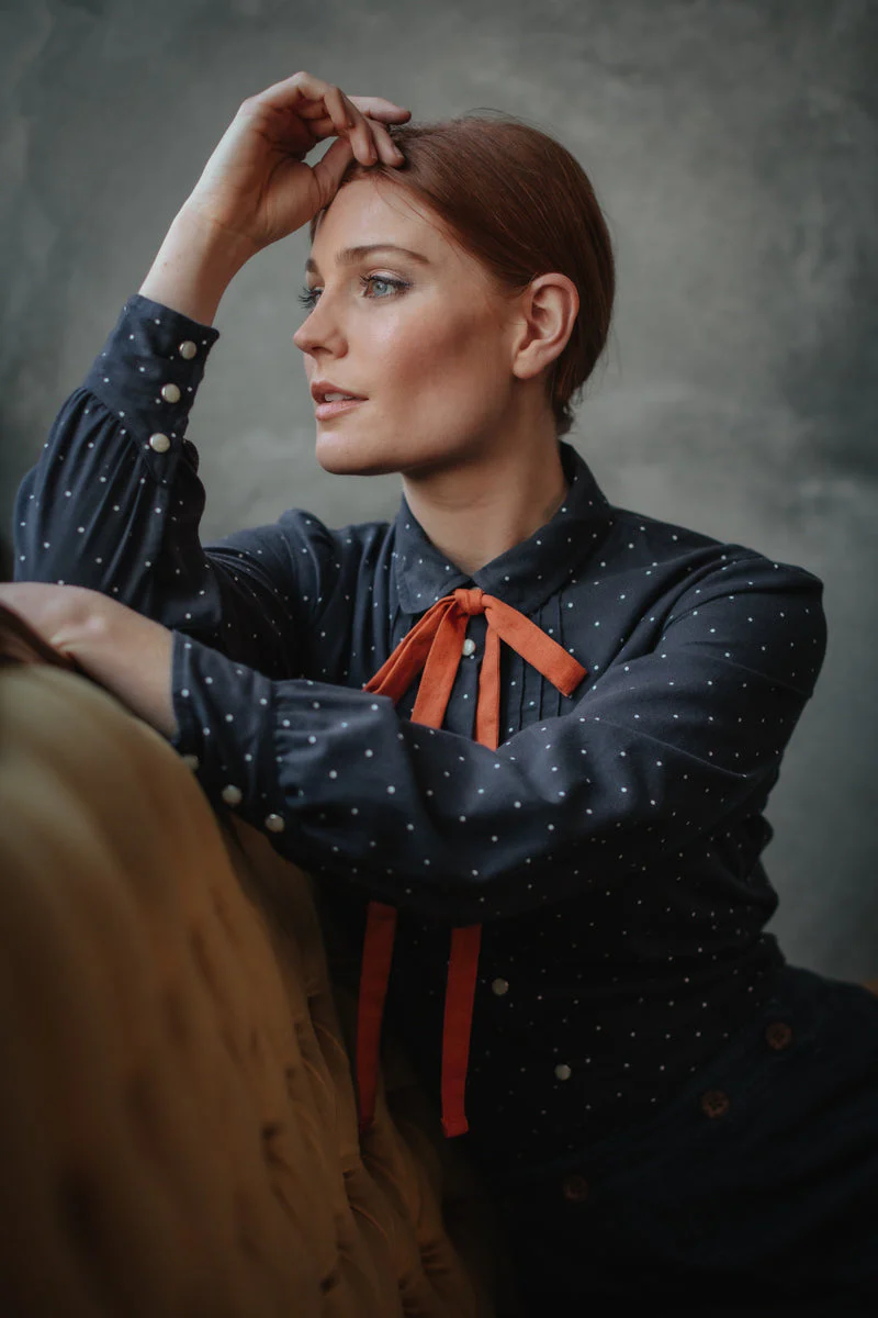 Damsons Western Shirt Navy Polka Dot - Image 2