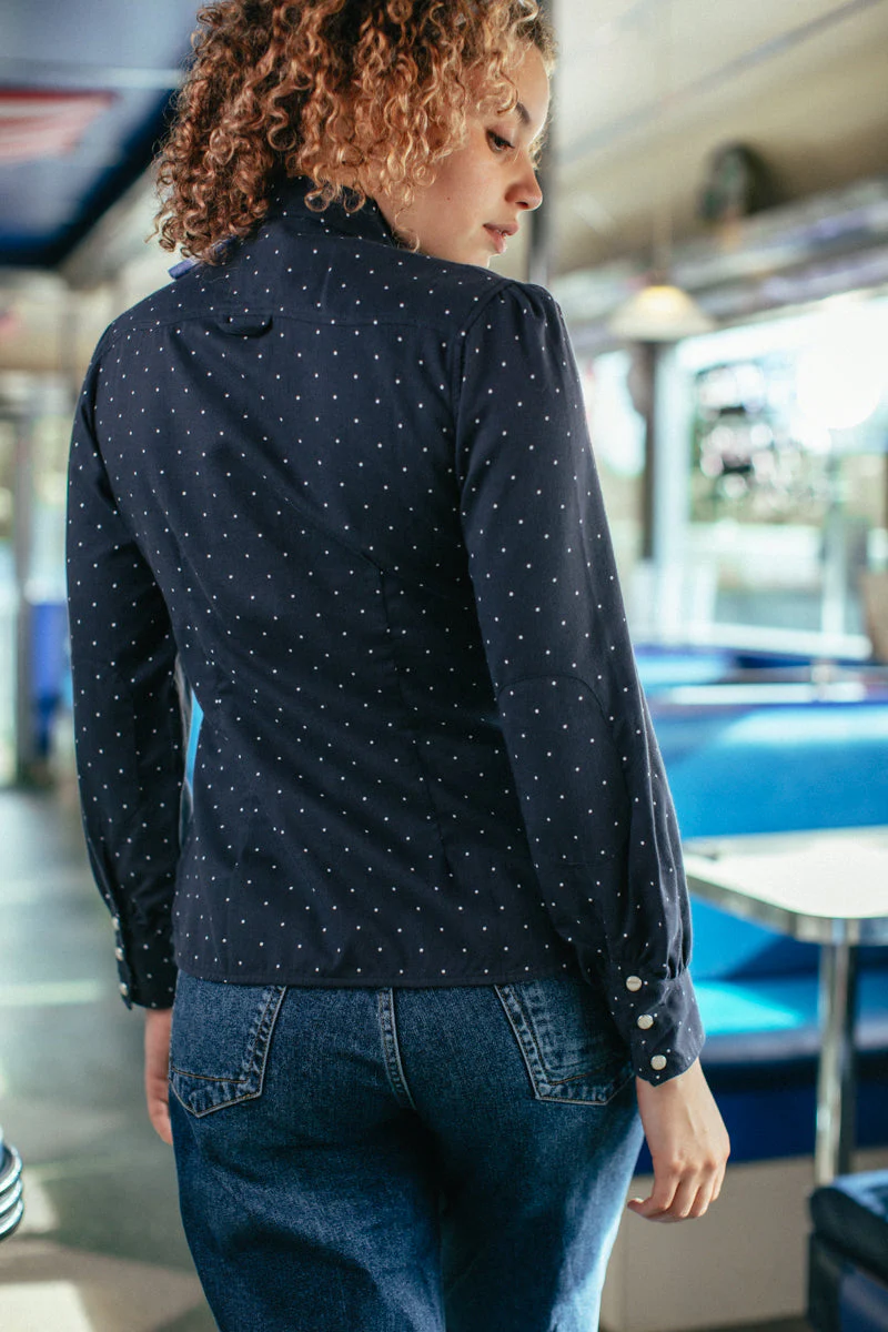 Damsons Western Shirt Navy Polka Dot - Image 4