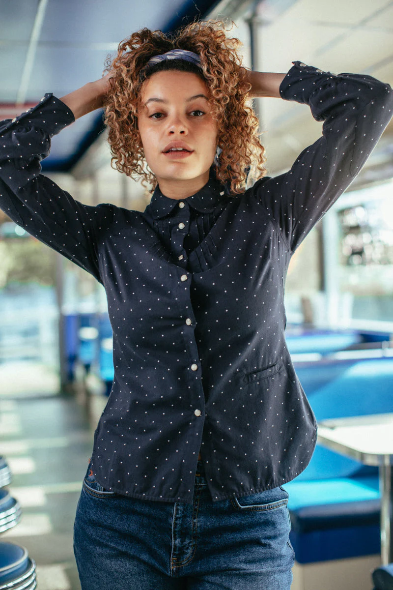 Damsons Western Shirt Navy Polka Dot - Image 6