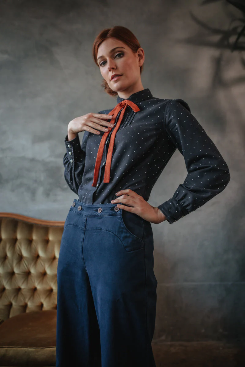 Damsons Western Shirt Navy Polka Dot - Image 7