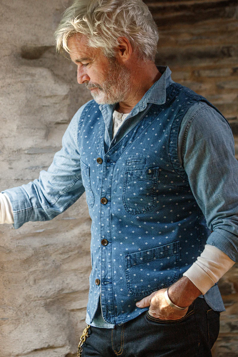 &SONS Drifter Indigo Pattern Waistcoat - Image 4