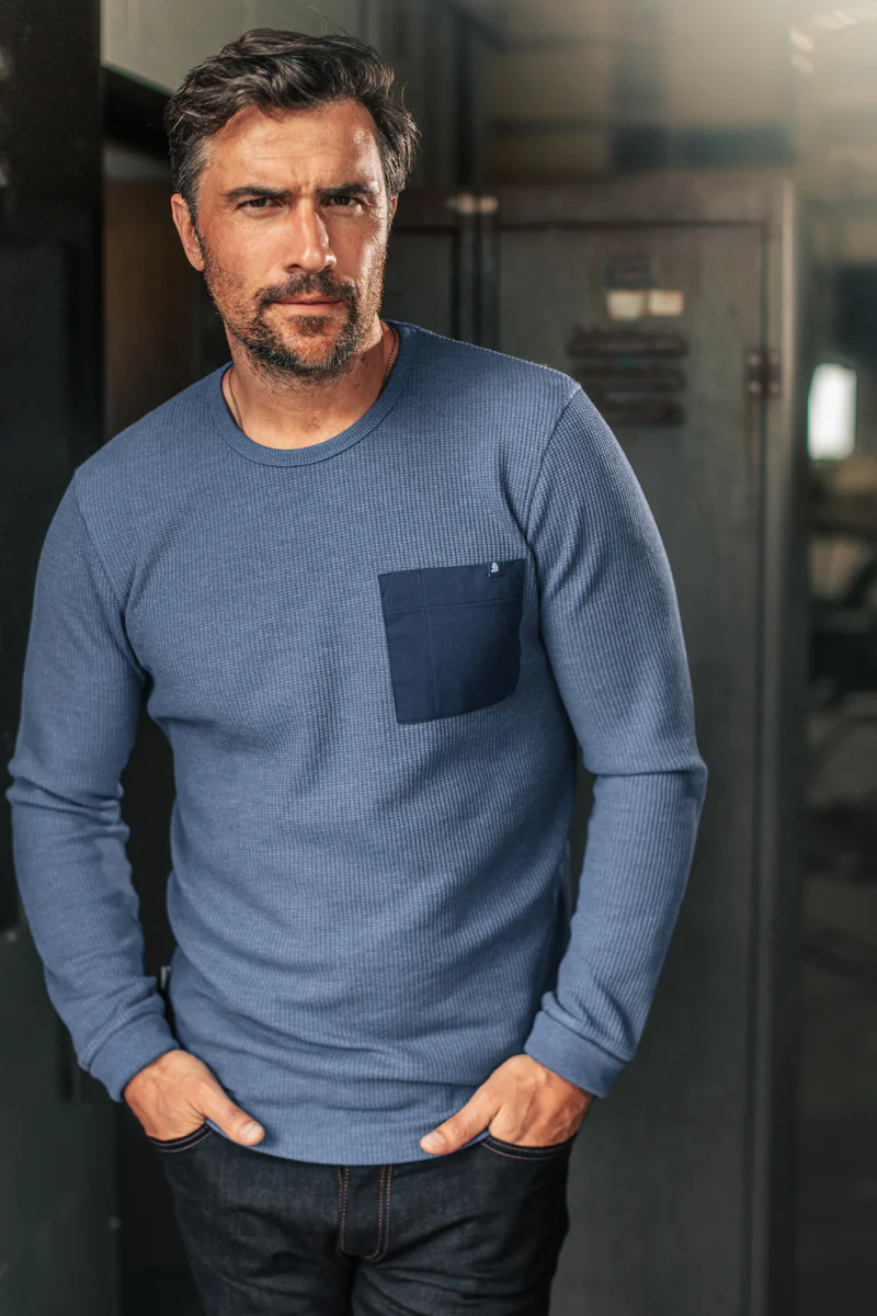 &SONS Glen Pocket Waffle Crew Sky Blue Marl - Image 3