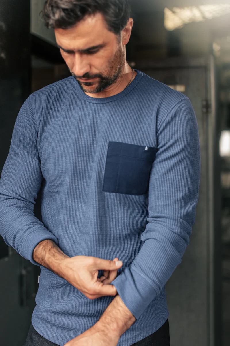 &SONS Glen Pocket Waffle Crew Sky Blue Marl - Image 5