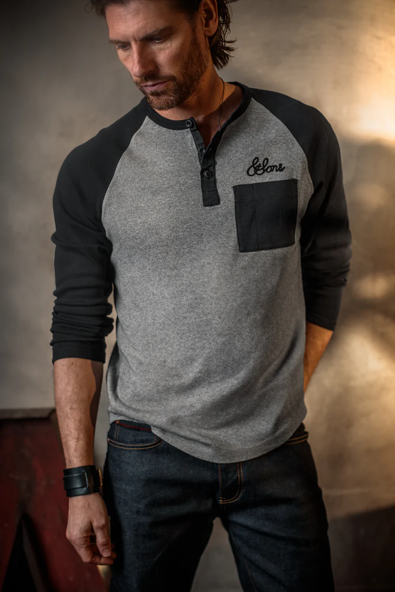 &SONS Infield Raglan Henley Shirt Grey/Charcoal - Image 5