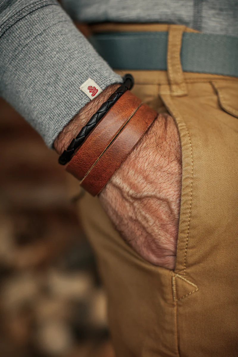 &SONS Leather Double Cuff Bracelet Brown - Image 11